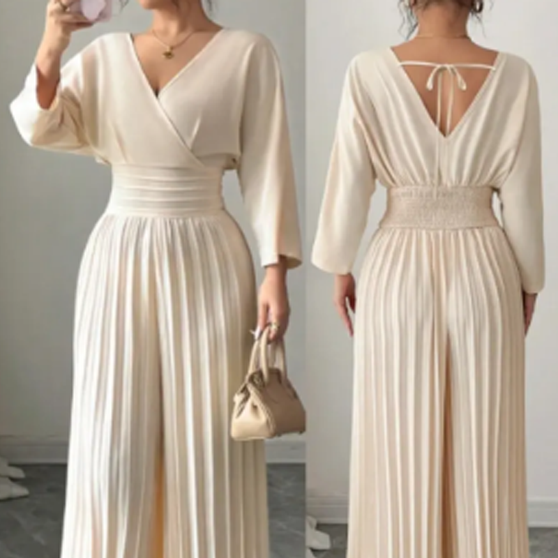 🔥50% OFF🔥Elegant V-Neck Pleated Wide-Leg Jumpsuit