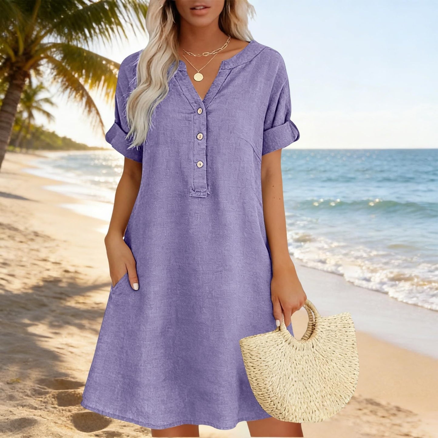 ๐๏ธ50% OFF!๐Women's V-Neck Tunic Dress โ Relaxed Fit, Pockets & Breathable