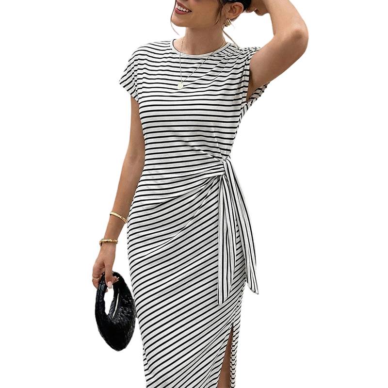๐ LIMITED-TIME 50% OFF! โจ Women's Striped Side-Tie Midi Dress โ Adjustable, Breathable, Classic ๐