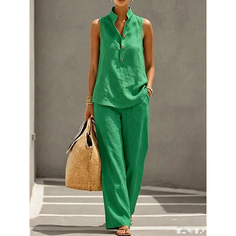 ๐ LIMITED-TIME 50% OFF! Women's Stand Collar Sleeveless Top & Wide Leg Pants 2 Piece Linen Outfit Set