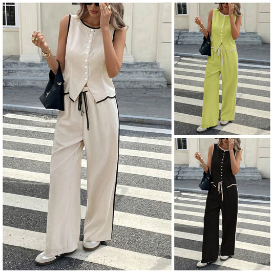 💥Hot Sale 50% Off⌛Women's Contrast Binding Sleeveless Tank & Drawstring Waist Pants Two-piece Set