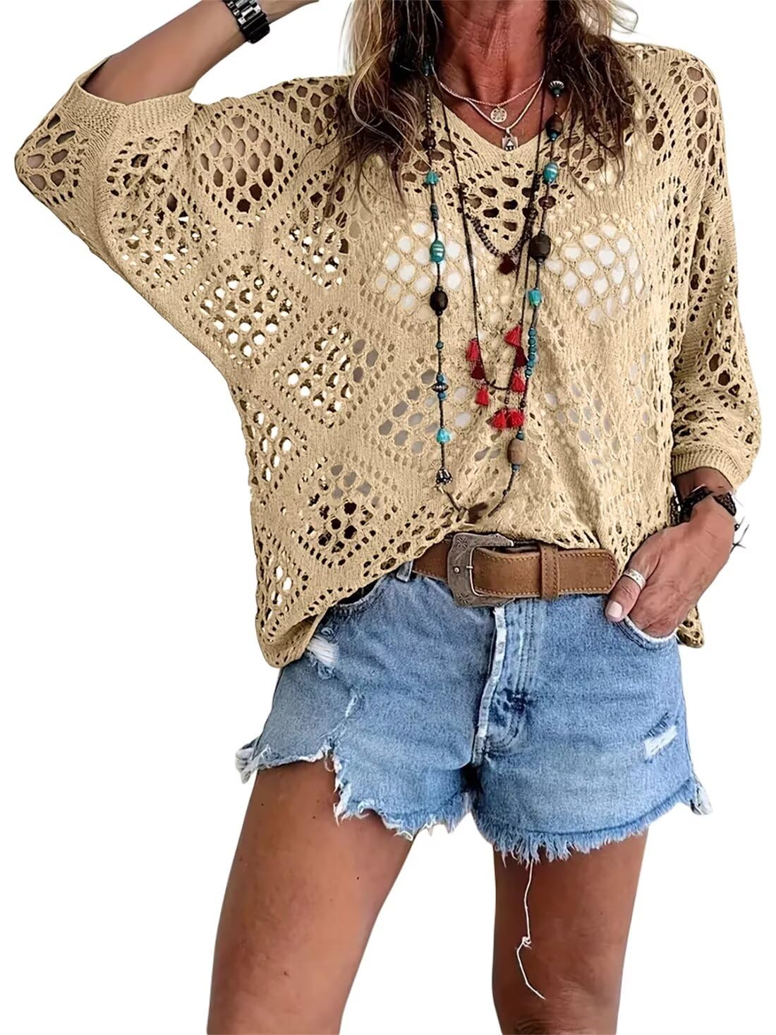 💐Spring Day Sale ⚡50K+ SOLD!✨Womens Bohemian-Inspired Beige Crochet Top with V-Neck