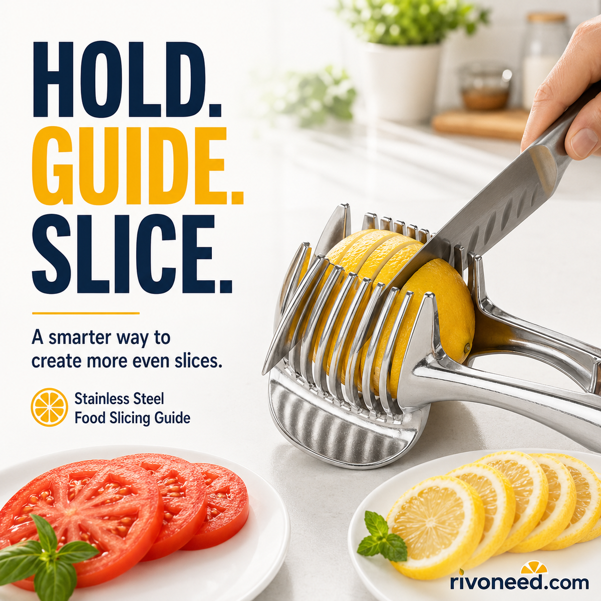 🍋50% OFF NOW! Creative Kitchen Slice Cutting Tool, Food‑Grade Aluminum Alloy Hand‑Held Slicer, Quick Slicing Holder for Lemon, Tomato, Onion & Soft Fruits Vegetables