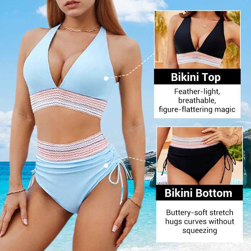 🔥Last Day Sales - Just ￡12.99😍👙High Waisted Tummy Control Color Block Bikini Sets