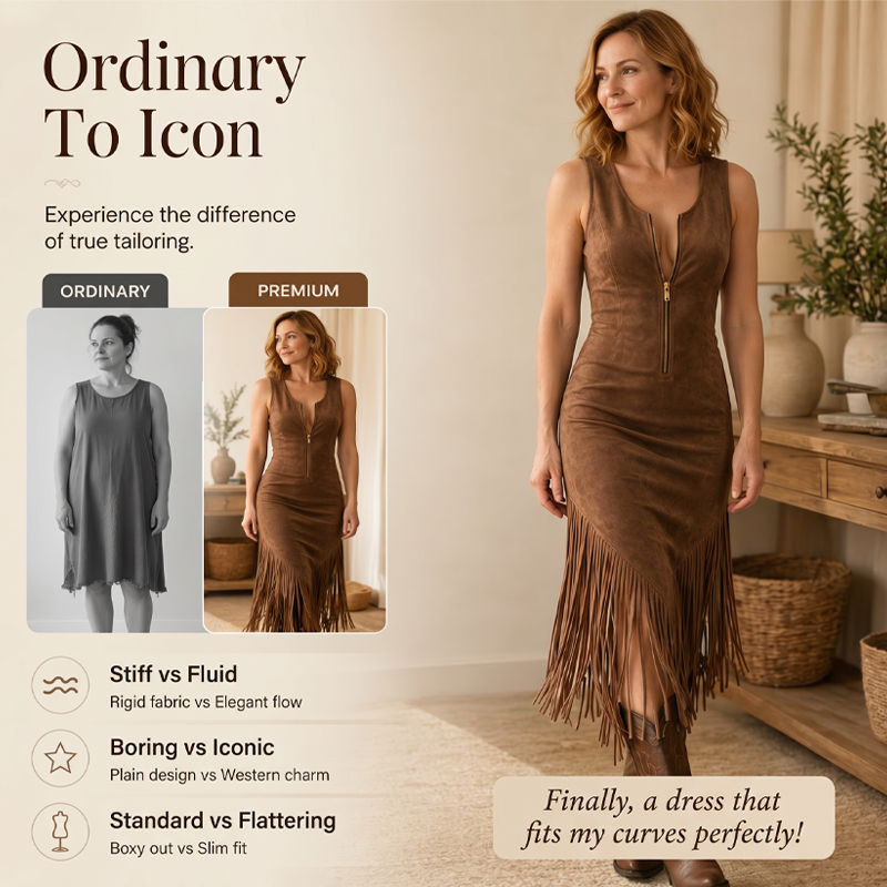 🤠 LIMITED-TIME 50% OFF! ✨ Retro Western Tassel Sleeveless Slim Dress – Fringe Hem, Front Zipper, Cowgirl Style 🌵