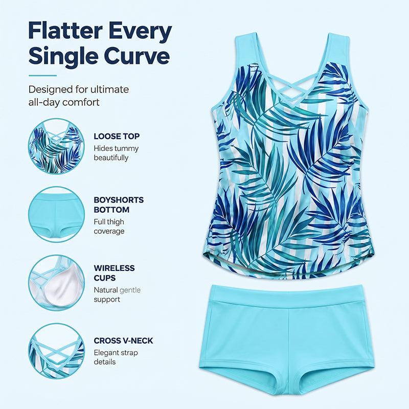 🏖️ 50% OFF! ✨ Sporty Two-Piece Bathing Suit – Criss-Cross Neck, Boy Shorts, Quick-Dry 🏄‍♀️