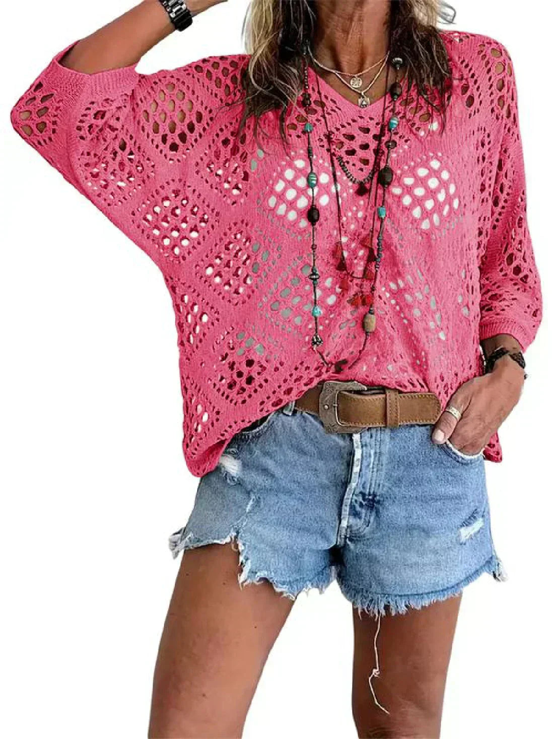 💐Spring Day Sale ⚡50K+ SOLD!✨Womens Bohemian-Inspired Beige Crochet Top with V-Neck
