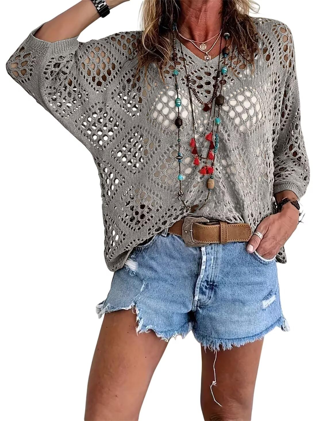 💐Spring Day Sale ⚡50K+ SOLD!✨Womens Bohemian-Inspired Beige Crochet Top with V-Neck
