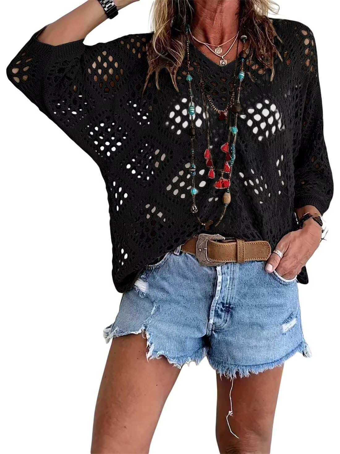 💐Spring Day Sale ⚡50K+ SOLD!✨Womens Bohemian-Inspired Beige Crochet Top with V-Neck