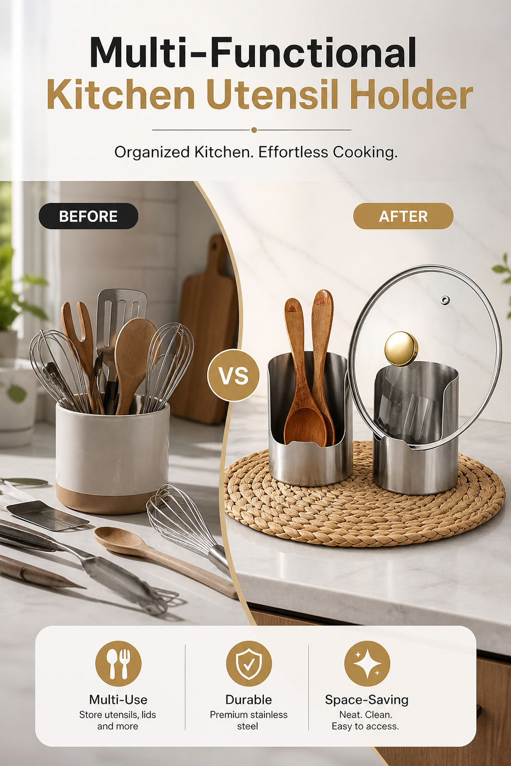 ⏳Time-Limited Special⏰Multi‑Functional Kitchen Utensil Holder, Stainless Steel Organizer, for Spoons, Pot Lids & Cooking Gadgets, Countertop Kitchen Storage