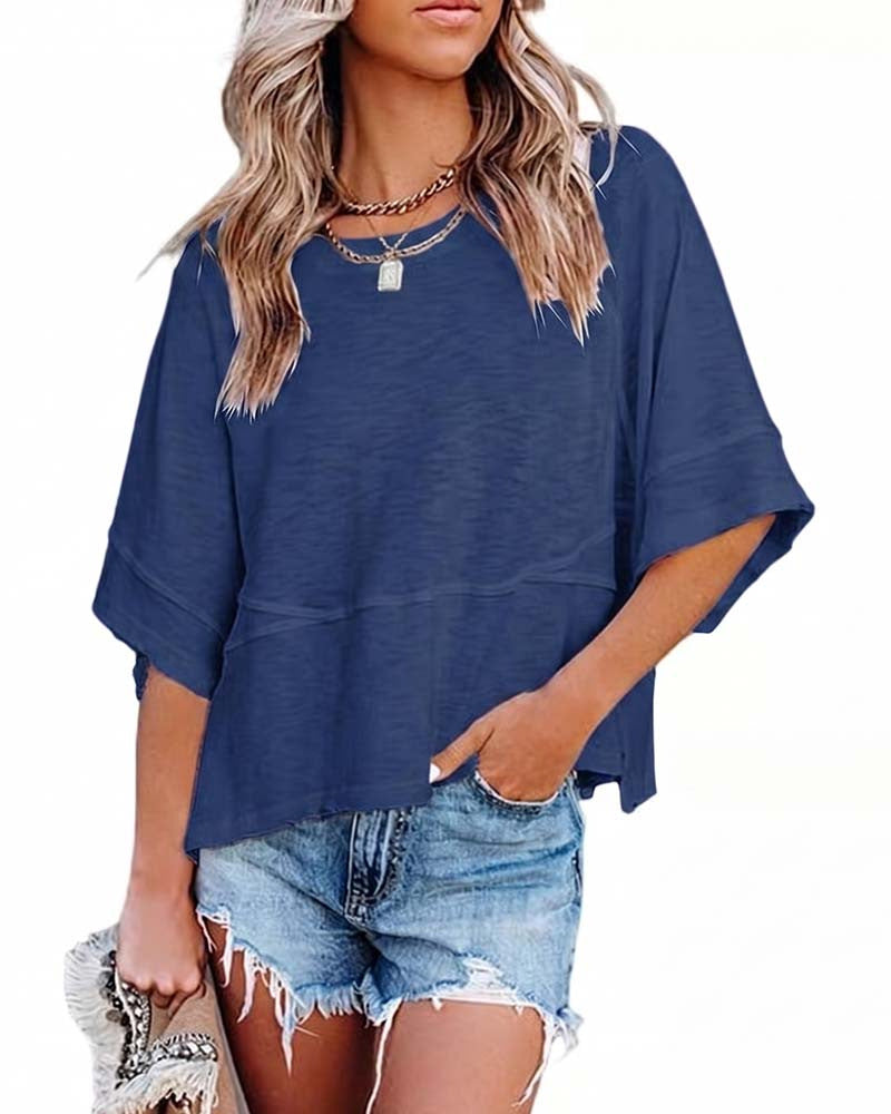 ☀️2026 HOT SALE 50% OFF💃🌸Women's Solid Color Splicing Loose Five Points Flare Sleeve T-Shirt