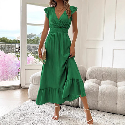 V-Neck Ruffled Waist-Defining Maxi Dress