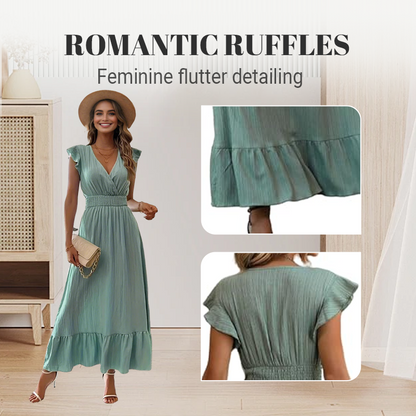 V-Neck Ruffled Waist-Defining Maxi Dress