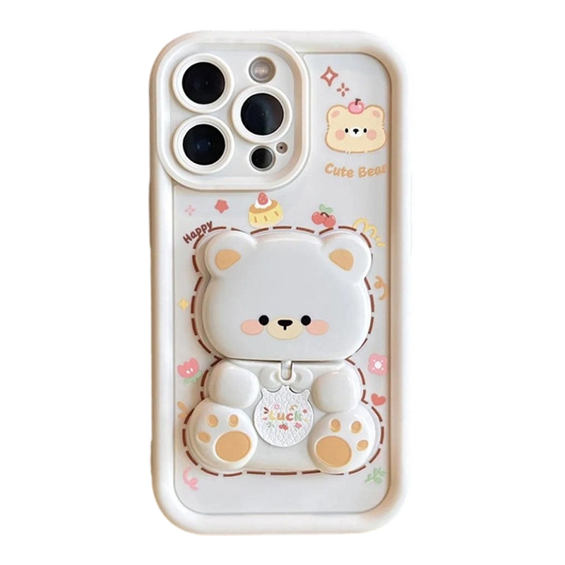 Foldable Stand & Mirror Cute Bear Phone Case for iPhone Series