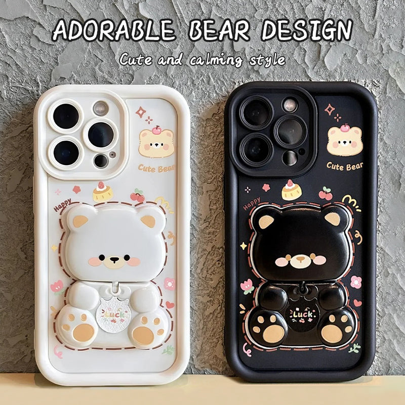Foldable Stand & Mirror Cute Bear Phone Case for iPhone Series