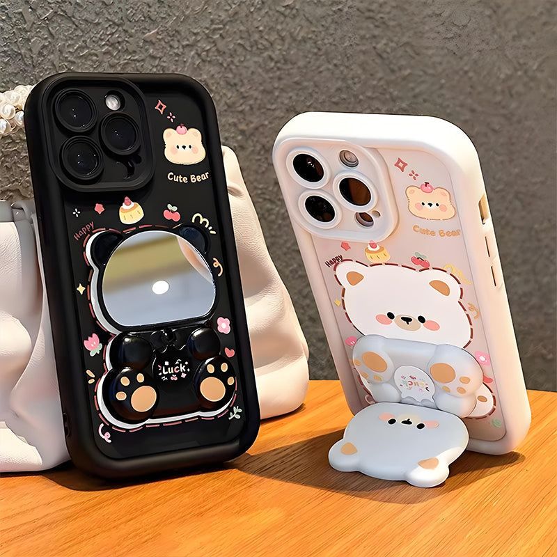 Foldable Stand & Mirror Cute Bear Phone Case for iPhone Series