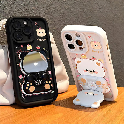 Foldable Stand & Mirror Cute Bear Phone Case for iPhone Series