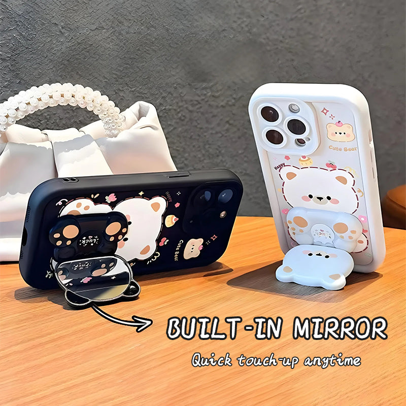 Foldable Stand & Mirror Cute Bear Phone Case for iPhone Series
