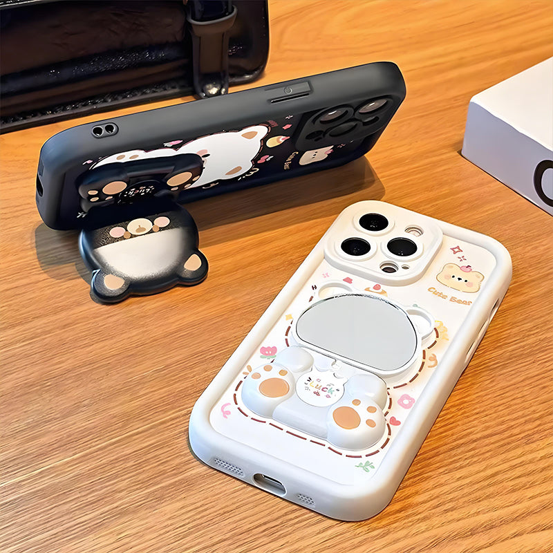 Foldable Stand & Mirror Cute Bear Phone Case for iPhone Series