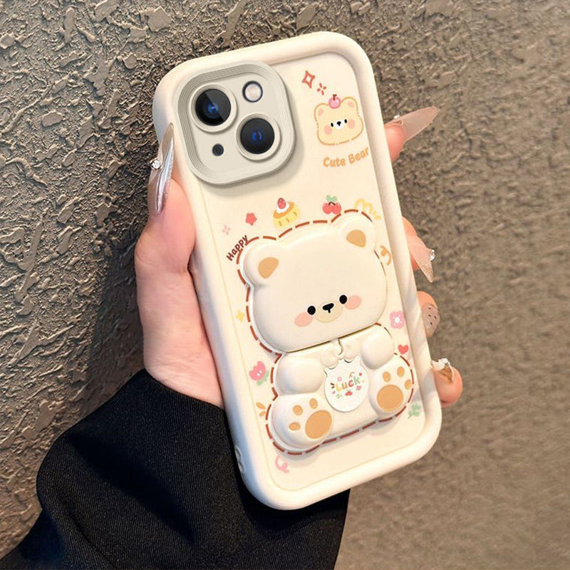 Foldable Stand & Mirror Cute Bear Phone Case for iPhone Series