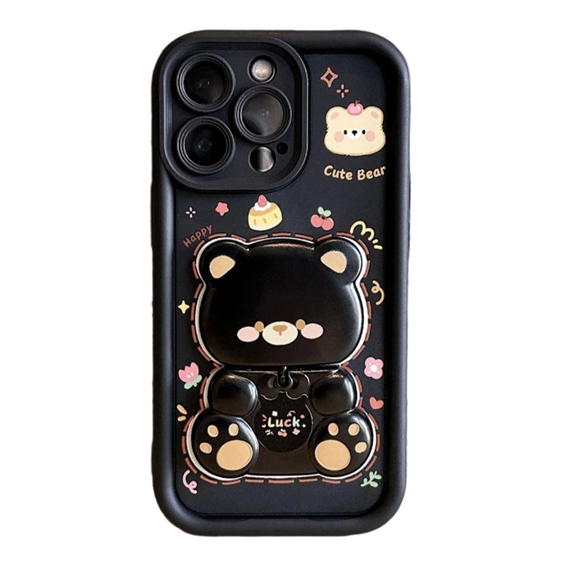 Foldable Stand & Mirror Cute Bear Phone Case for iPhone Series