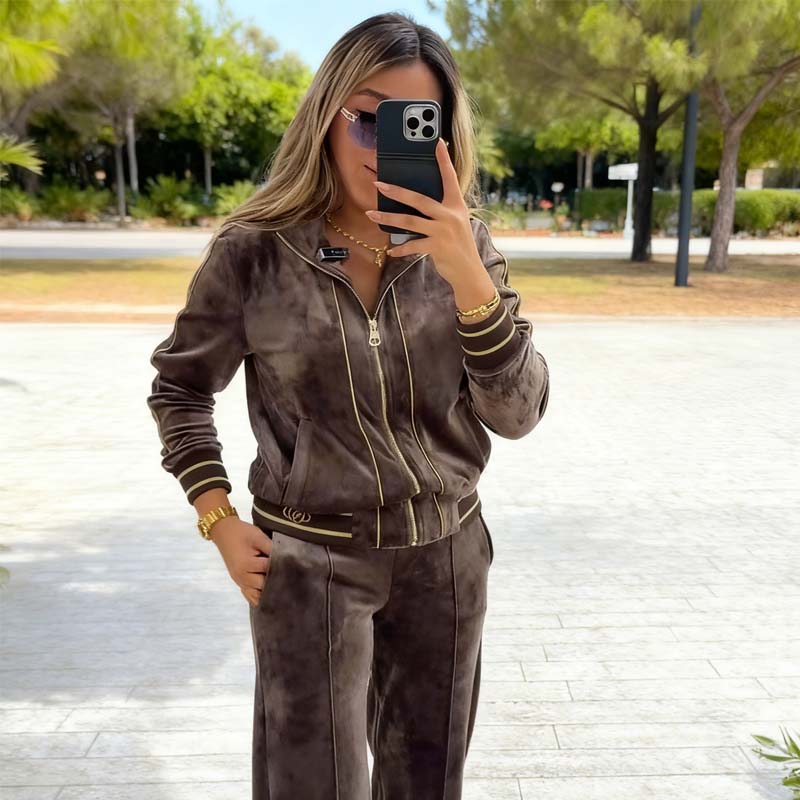 Women's 2-Piece Tracksuit Set with Zip Jacket & Wide-Leg Pants