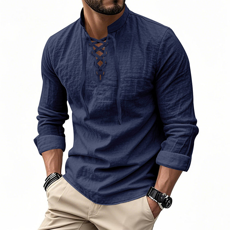 💎 50% OFF! 💎 Men's Casual Solid Color Shirt – Lace-Up Neck, Modern Stand Collar & Breathable Cotton Blend 👔