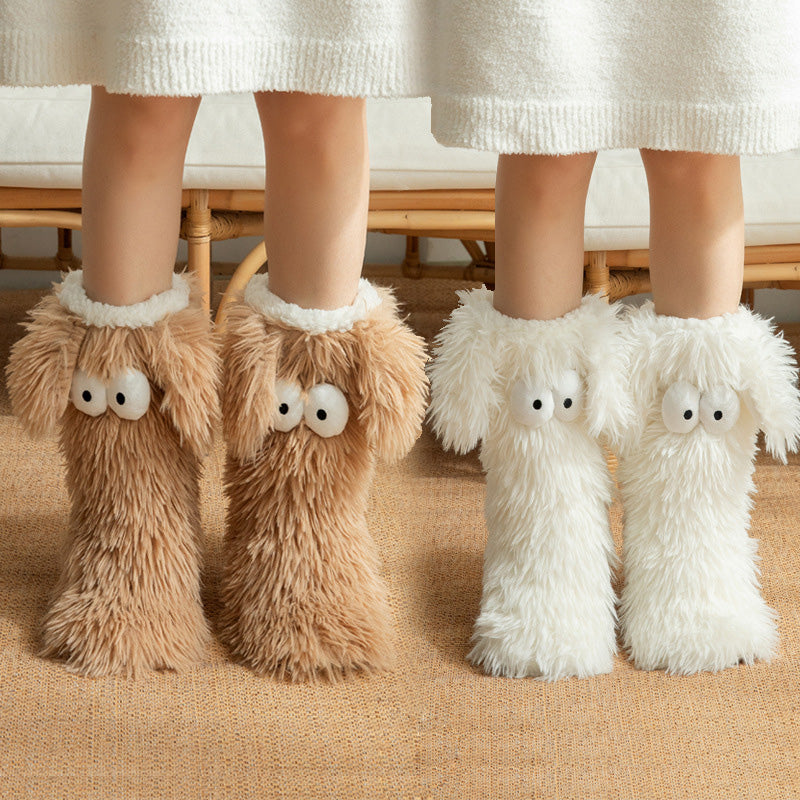 Women's Plush Slippers Socks Floor Socks Winter Home Indoor Thickened Fleece-Lined Anti-Slip Adult Women's Plush Snow Socks Shoe Covers