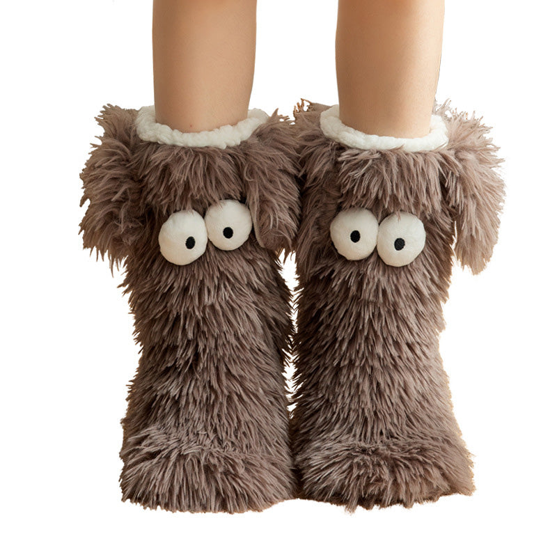 Women's Plush Slippers Socks Floor Socks Winter Home Indoor Thickened Fleece-Lined Anti-Slip Adult Women's Plush Snow Socks Shoe Covers