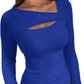 🔥Hot Promotion💃Womens Cutout Long Sleeve Shirts Ribbed Slim Fit Tops