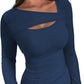 🔥Hot Promotion💃Womens Cutout Long Sleeve Shirts Ribbed Slim Fit Tops