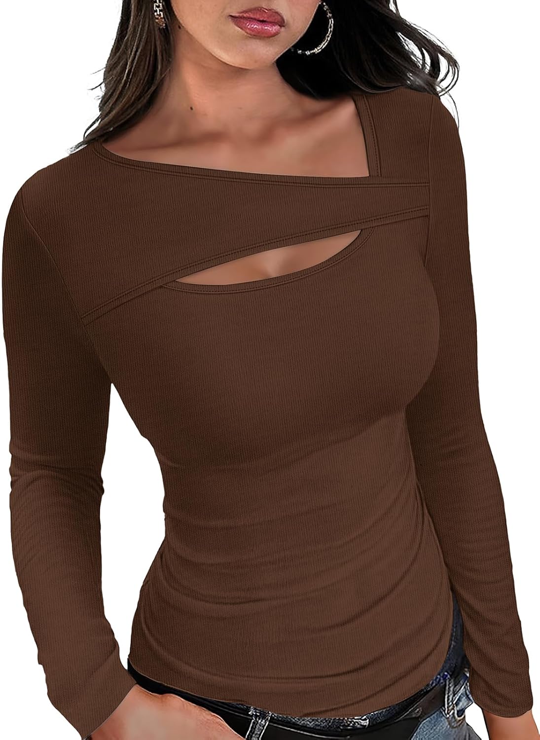 🔥Hot Promotion💃Womens Cutout Long Sleeve Shirts Ribbed Slim Fit Tops