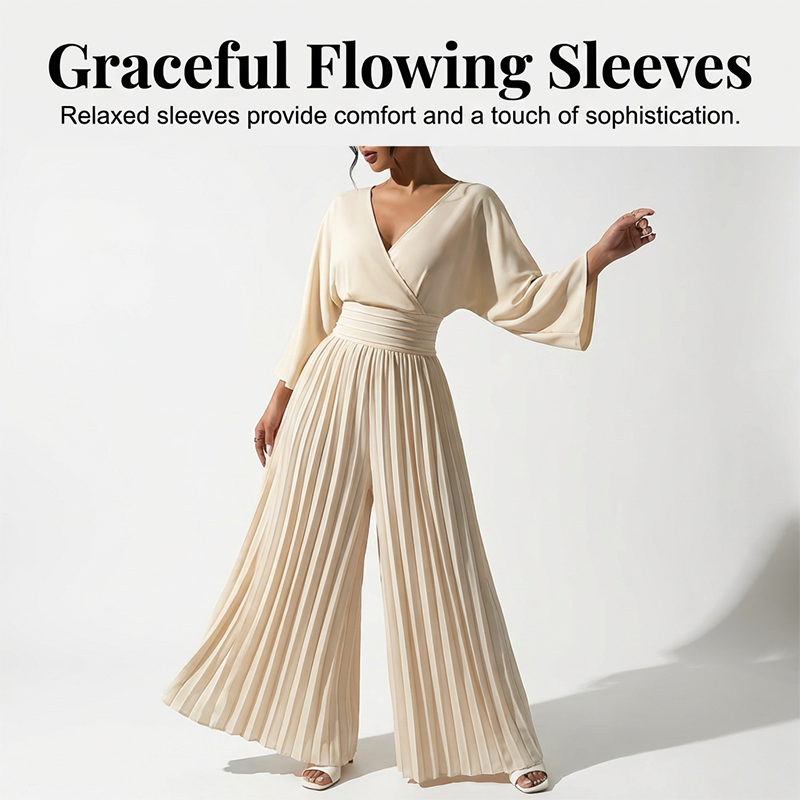 🔥50% OFF🔥Elegant V-Neck Pleated Wide-Leg Jumpsuit