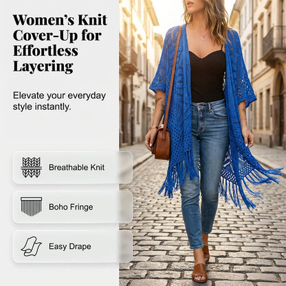 🥳2026 HOT SALE🥳💞50K+ SOLD!👗🌿 50% OFF! Women's Open-Front Knit Cover-Up – Breathable hollow-out knit, tassel fringe hem. Flattering draped silhouette. Wear over swimwear or with jeans. Beach or city ready. 🌊✨