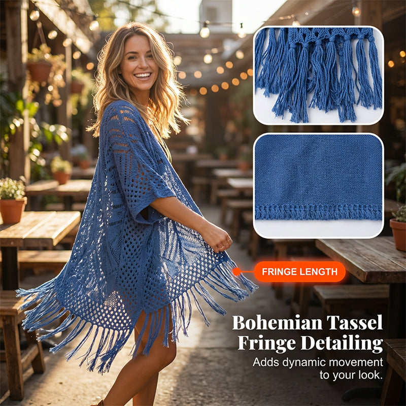 🥳2026 HOT SALE🥳💞50K+ SOLD!👗🌿 50% OFF! Women's Open-Front Knit Cover-Up – Breathable hollow-out knit, tassel fringe hem. Flattering draped silhouette. Wear over swimwear or with jeans. Beach or city ready. 🌊✨