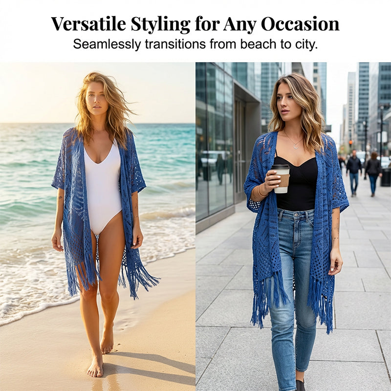 🥳2026 HOT SALE🥳💞50K+ SOLD!👗🌿 50% OFF! Women's Open-Front Knit Cover-Up – Breathable hollow-out knit, tassel fringe hem. Flattering draped silhouette. Wear over swimwear or with jeans. Beach or city ready. 🌊✨