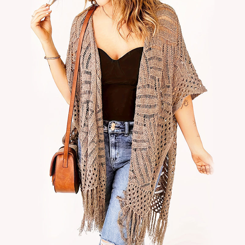 🥳2026 HOT SALE🥳💞50K+ SOLD!👗🌿 50% OFF! Women's Open-Front Knit Cover-Up – Breathable hollow-out knit, tassel fringe hem. Flattering draped silhouette. Wear over swimwear or with jeans. Beach or city ready. 🌊✨