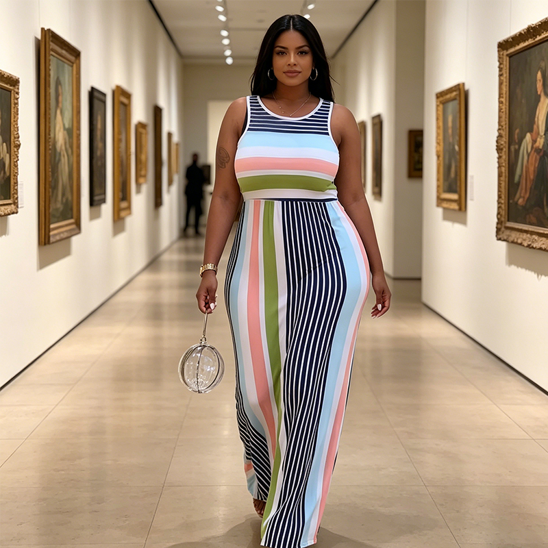 Women's Sleeveless Striped Bodycon Maxi Dress
