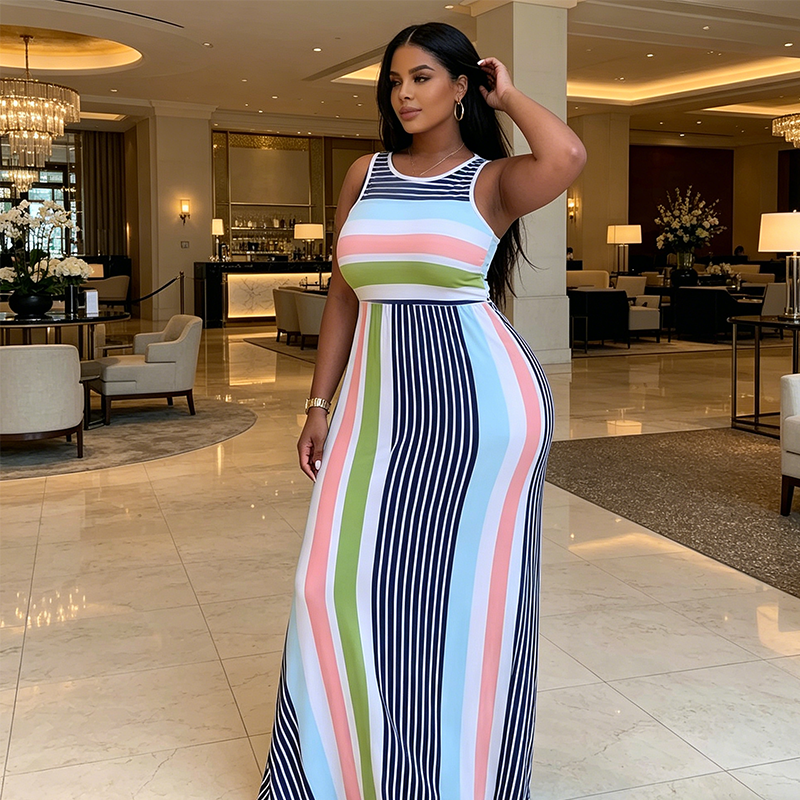 Women's Sleeveless Striped Bodycon Maxi Dress