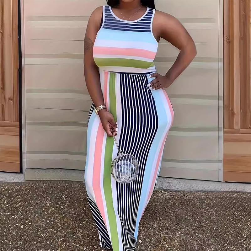 Women's Sleeveless Striped Bodycon Maxi Dress