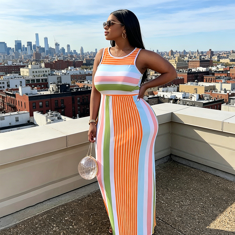 Women's Sleeveless Striped Bodycon Maxi Dress