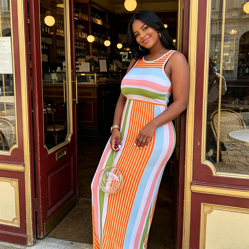 Women's Sleeveless Striped Bodycon Maxi Dress