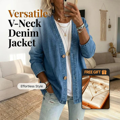 🧥 50% OFF NOW! ✨ Women's Classic Button Front Denim Jacket – V-Neck, Breathable Fabric & Relaxed Fit 💙