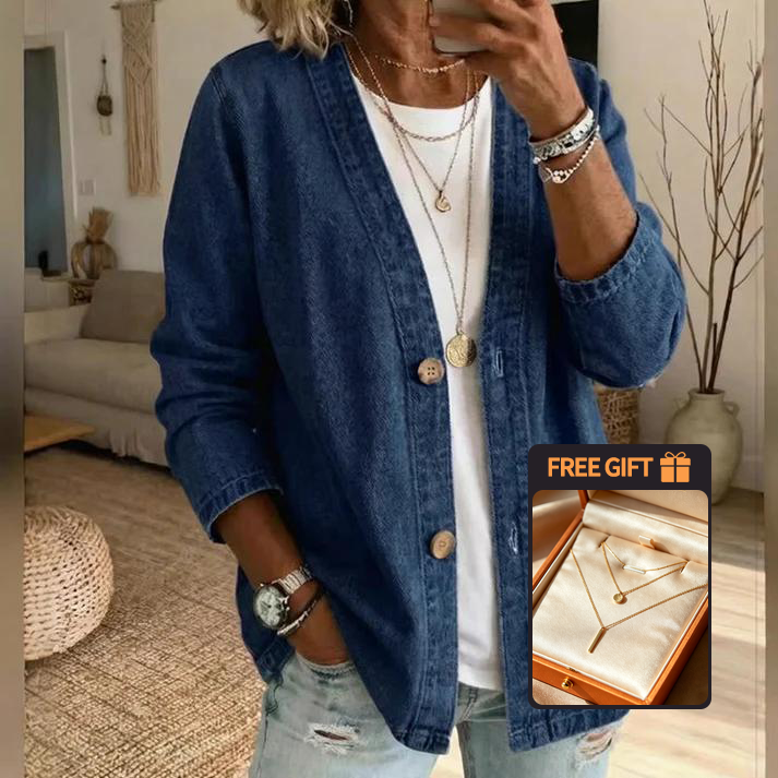 🧥 50% OFF NOW! ✨ Women's Classic Button Front Denim Jacket – V-Neck, Breathable Fabric & Relaxed Fit 💙