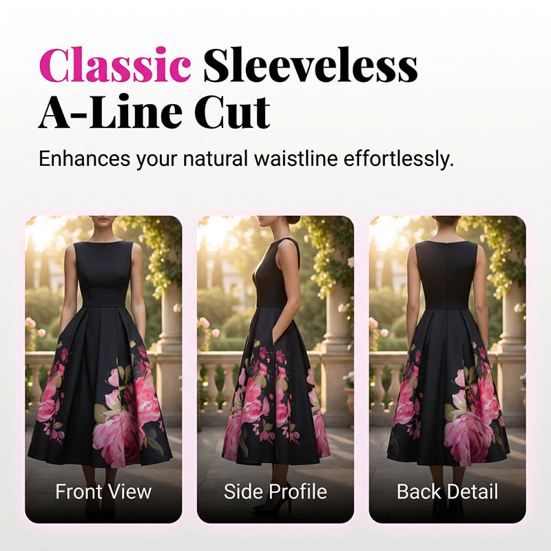 🌸Elegant Sleeveless A-Line Midi Dress with Floral Print👗❤️
