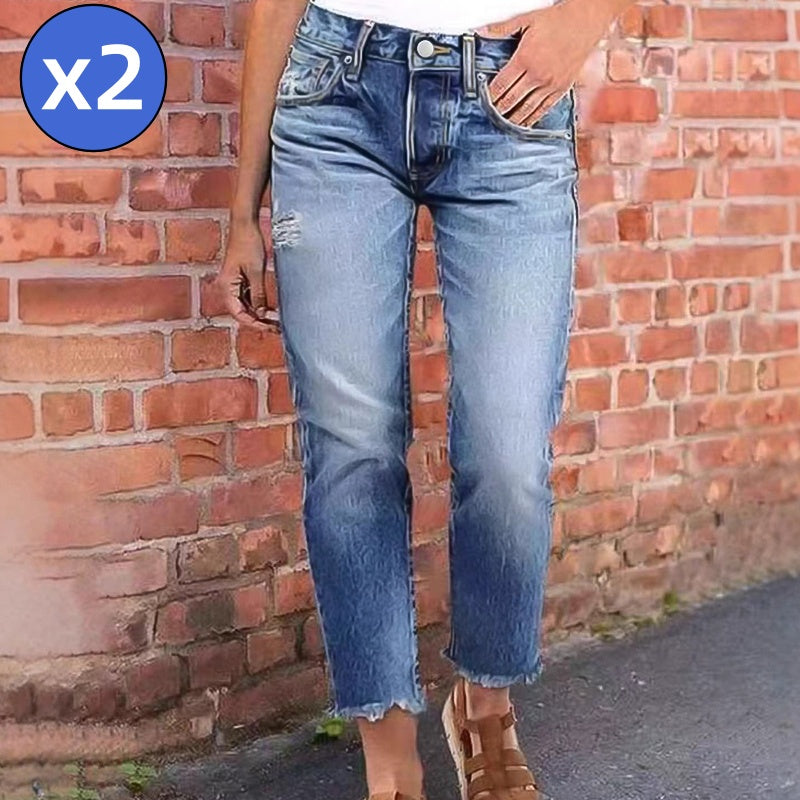 Women's Fashionable Slim-Fit Distressed Jeans