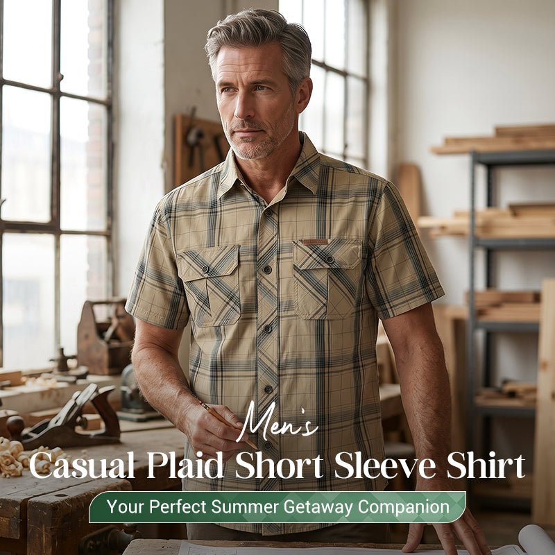 👔50% OFF! 🍂 Men's Casual Plaid Short Sleeve Shirt – Classic Pattern, Relaxed Fit, Breathable Comfort ✨