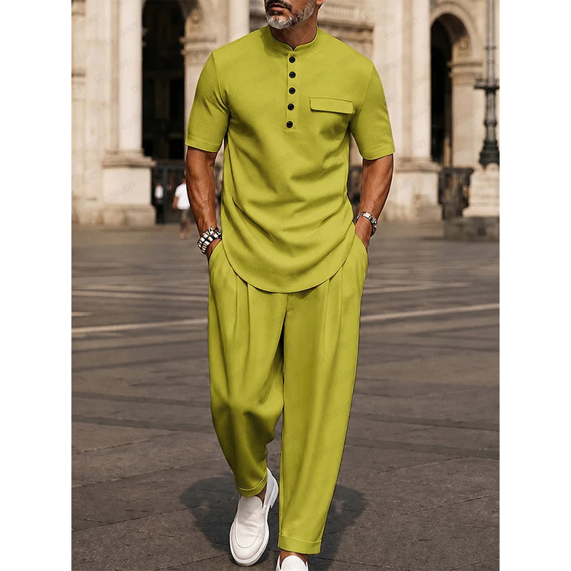 ⏳Limited-time 50% off⏰Men's Modern Casual Band Collar Two-Piece Set👕👖