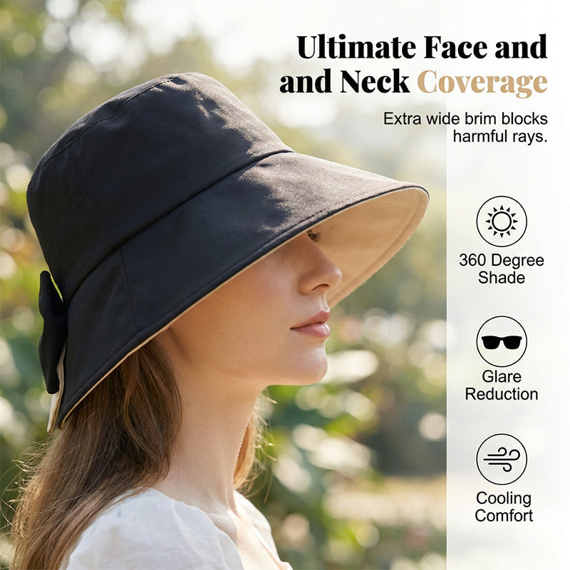 👒 50% OFF NOW ! 💐 Women's Bowknot Wide Brim Sun Protective Hat – Oversized wide brim blocks UV rays, delicate bow decor, lightweight breathable fabric, ideal for beach, travel & outdoor walking✨