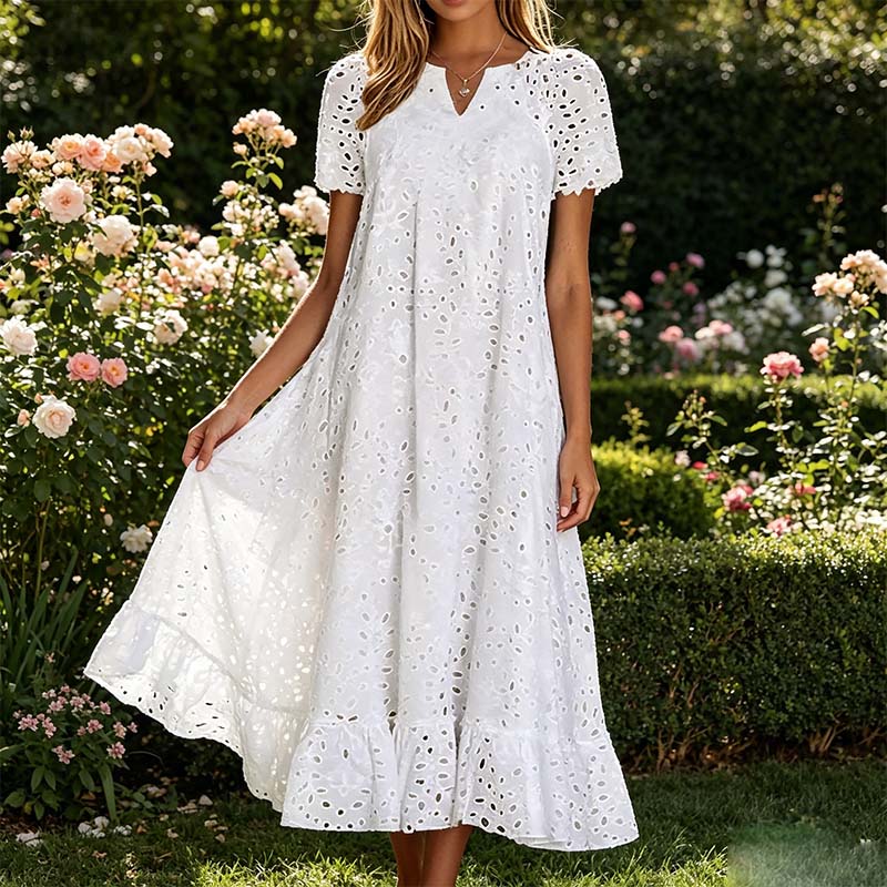 🌸 Eyelet V-Neck Dress with Pockets – Soft Cotton Blend, 5 Colors. 49% OFF